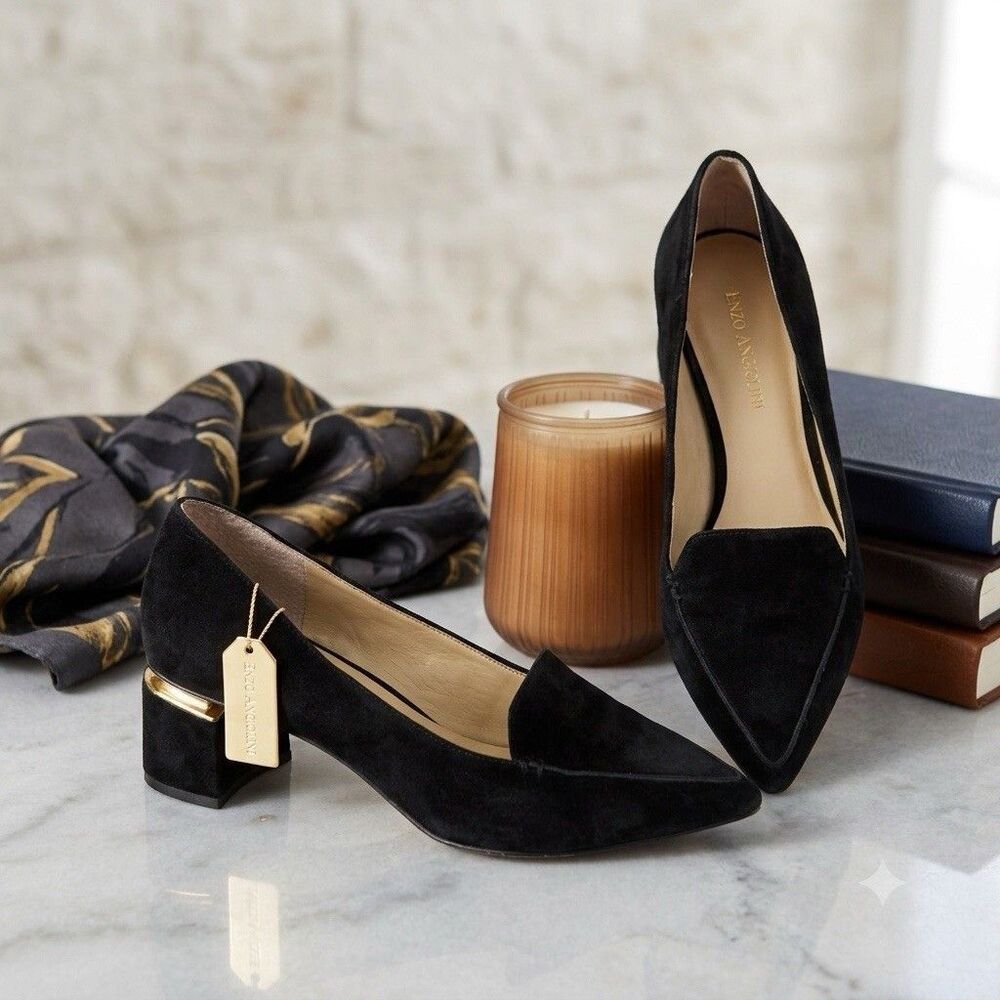 Enzo Angiolini Denna Black Suede Pointed Toe Block Heel Pumps Gold Trim 7.5 M